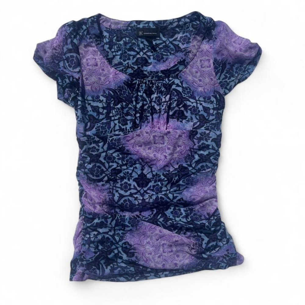 INC International Concept Sheer Mesh Ruched Stretch Purple Blue Floral Top Large